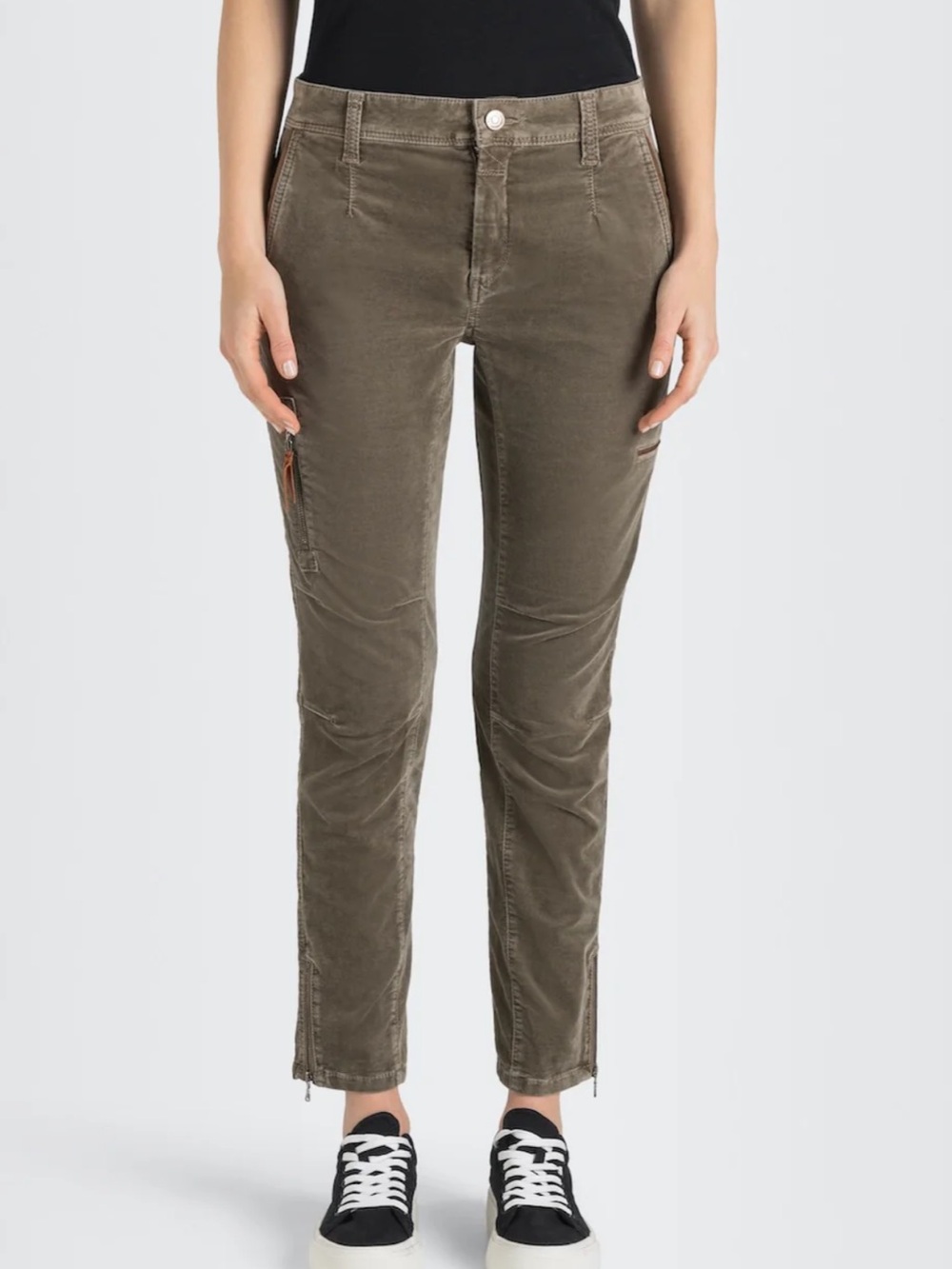 MAC RICH High Rise Velvet Pants Cargo Straight Leg Zip Ankle Size 28 Brown Olive